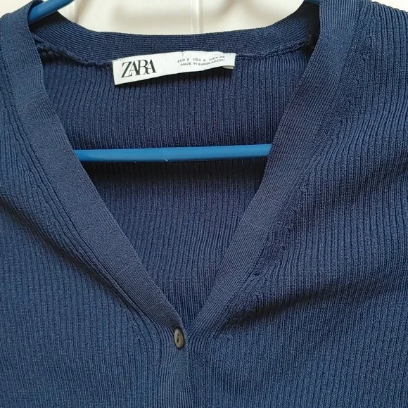 ZARA dark blue ribbed cropped long sleeves button up top shirt Small - Picture 6 of 8